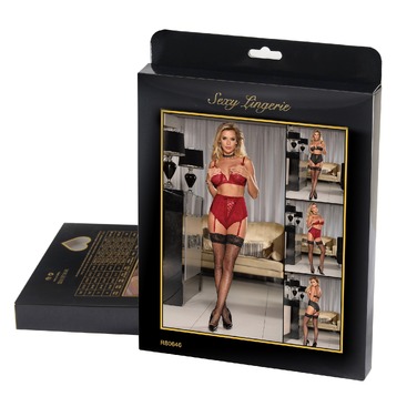 Черный кружевной бюстье с открытой грудью Star Night и трусики с подвязками для чулок, M