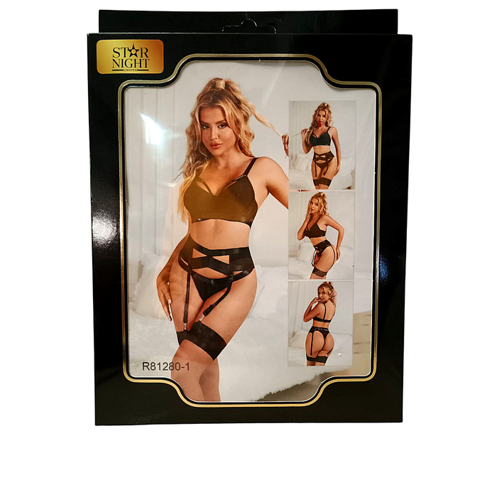 Комплект белья черный Star Night бюстье+стринги+пояс для чулков+гартеры, S