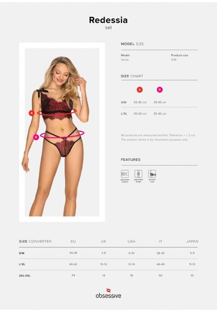 Комплект мереживної білизни, Obsessive Redessia, червоний, S/M