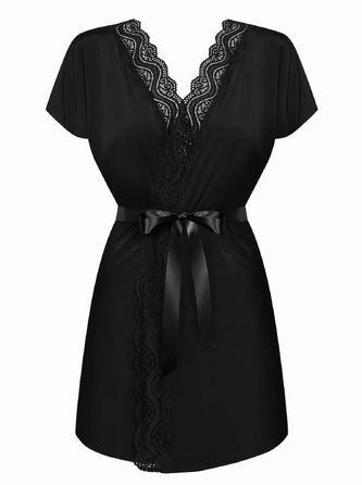 Халат атласный Obsessive 810-PEI-1 с кружевами, черный, L/XL