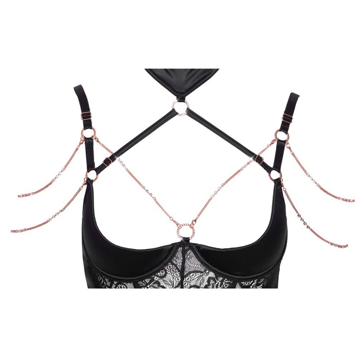 Корсет с открытой грудью, цепочками Abierta Fina Basque и трусиками в комплекте, 75B/S