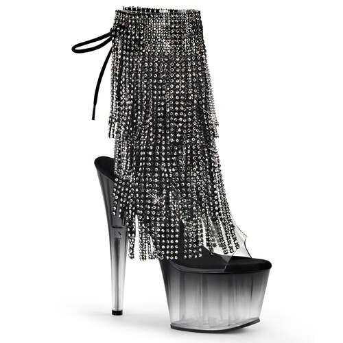 Чоботи Adore-1017RSFT на підборах 7 дюймів, 2 3/4 дюйма з відкритим носком/підбором, шнурівкою та бахромою, прозорі/чорні