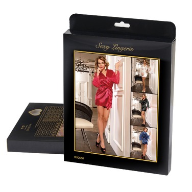 Халат чорний під пояс та довгими мереживними рукавами Star Night стрінги в комплекті, XS/S