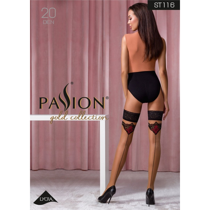 Чулки кружевные ST116 бежевые с черно-красной отделкой 3/4 (20 den) - Passion