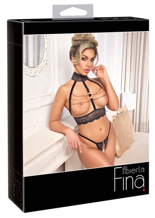 Комплект Abierta Fina открытый лиф с декоративными цепочками и трусики с доступом, черный, XL