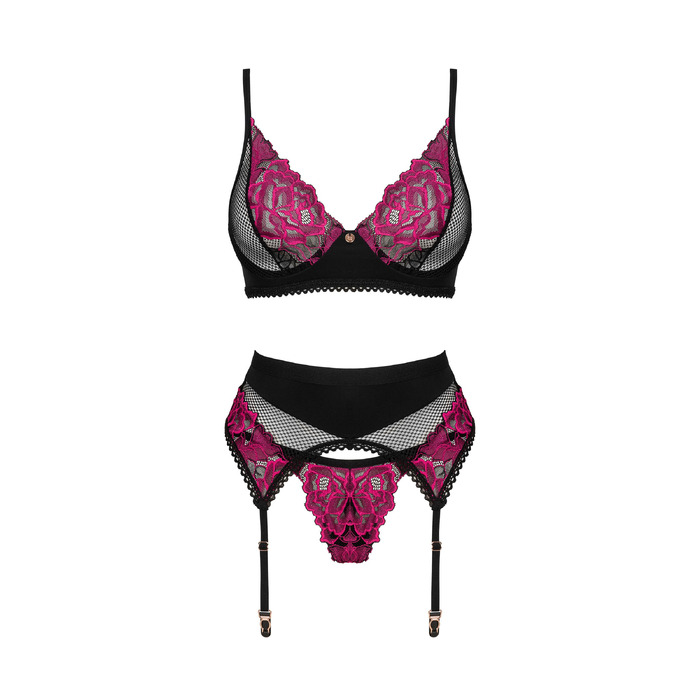 Сексуальный комплект из трех предметов с вышивкой Obsessive Rosenty черный-розовый, XS/S