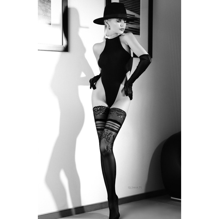 Панчохи чорні з люрексом Ballerina´s Secret з орнаментом та мереживом на силіконовій основі, S/M