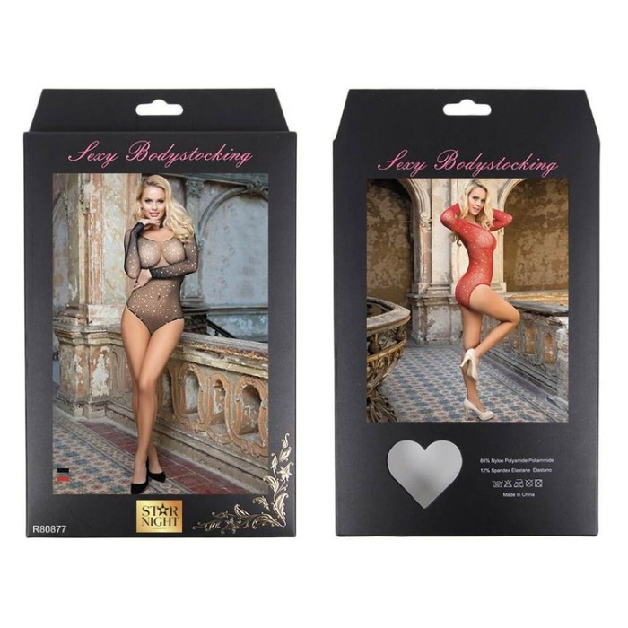 Боди в сеточку с длинными рукавами и открытыми плечами Star Night Sparkle, черный