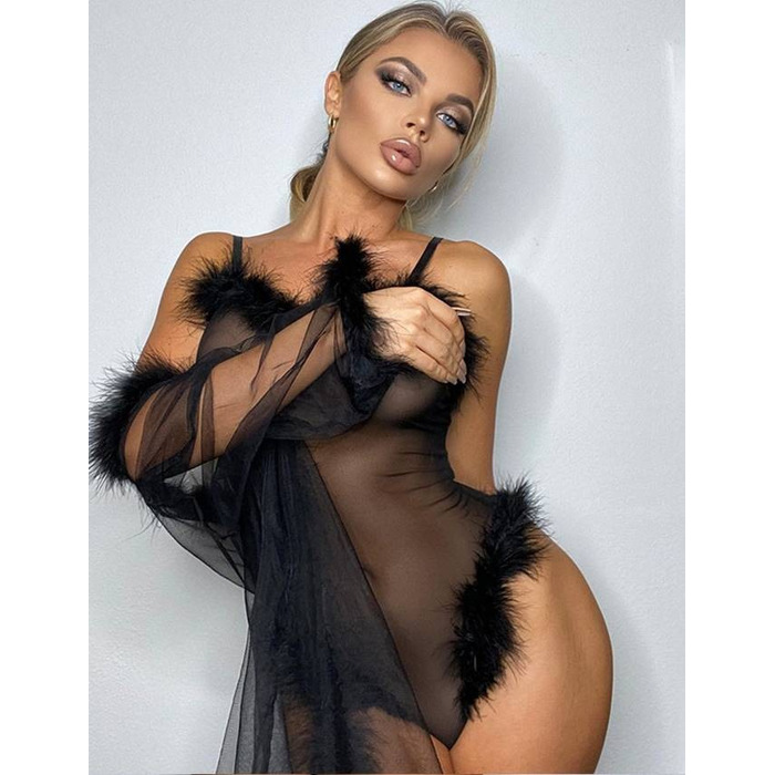 Сексуальное черное боди Star Night с искуственным лебединным пухом, XL