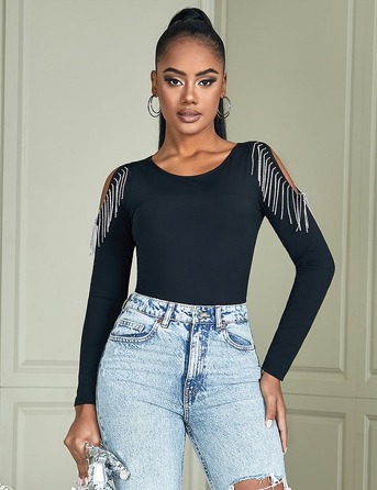 Черный боди с длинными рукавами Star Night и кисточками из цепочек, L