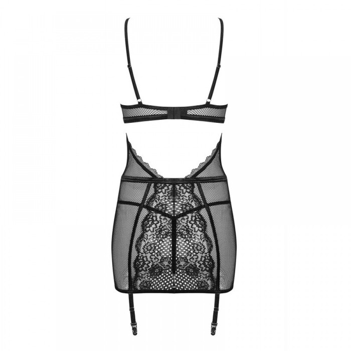 Пеньюар в сеточку Obsessive Basitta со шнуровкой, стринги в комплекте, черный, L/XL