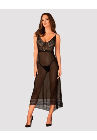 Пеньюар длинный Obsessive Estiqua с открытой спиной, черный, M/L