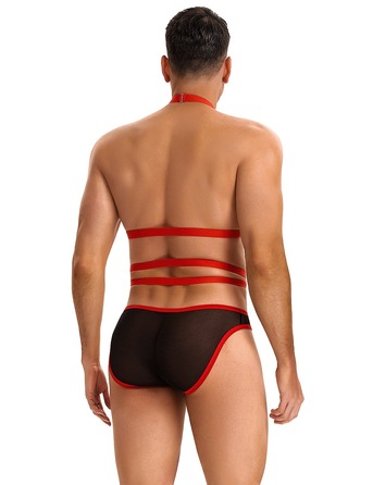 Мужские трусы с портупеей и чокером Star Night красный-черный, M