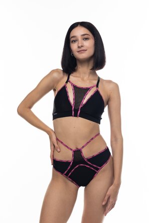 Combo Mesh – Шорти з сіткою та кольоровими стрічками для pole dance, heels і сценічних виступів - чорно-рожевий