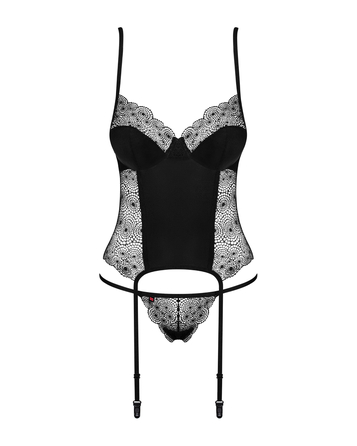 Комплект Obsessive Sharlotte корсет с пажами для чулков и трусики стринги, черный, S/M