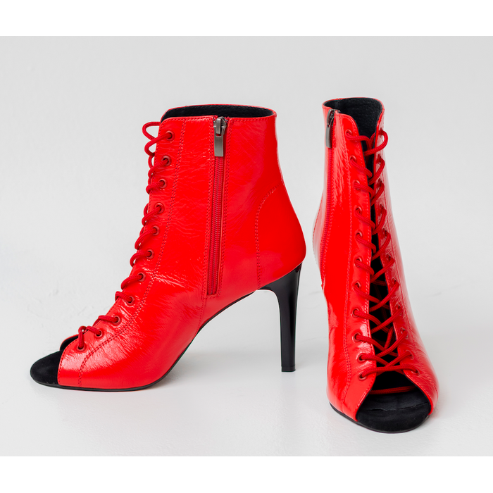 Професійні хілси з натуральної шкіри Premier, червоні лаковані, з язичком — взуття для сучасних танців High Heels (хай хілс), ботильйони з відкритим носком та шнурівкою., Червоний натуральна шкіра, З язичком