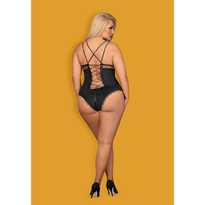 Эротическое боди из атласа с элементами кружева Obsessive Lolitte и открытой спиной, черный, XXL