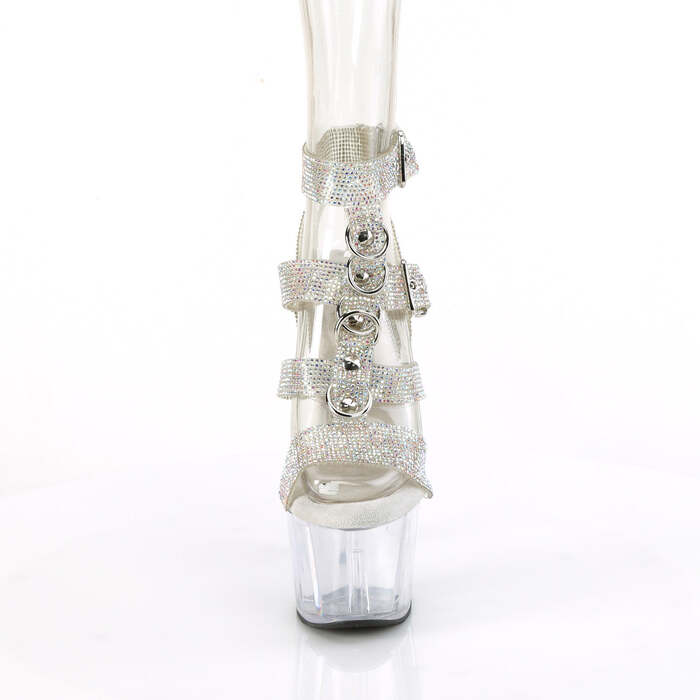 Босоножки Adore-756RS. Каблук 7 дюймов, 2 3/4 дюйма, Т-образный ремешок с двумя пряжками, украшенный стразами, серебристый AB, прозрачный.
