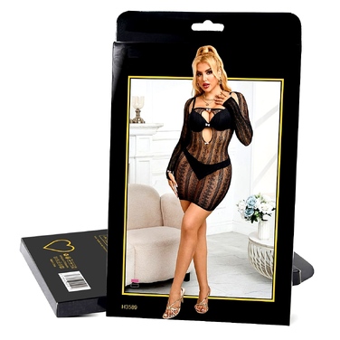 Платье Star Night в сеточку с узорами, черное, XS-M