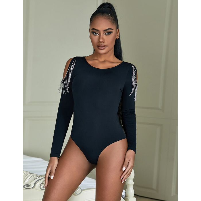 Черный боди с длинными рукавами Star Night и кисточками из цепочек, L