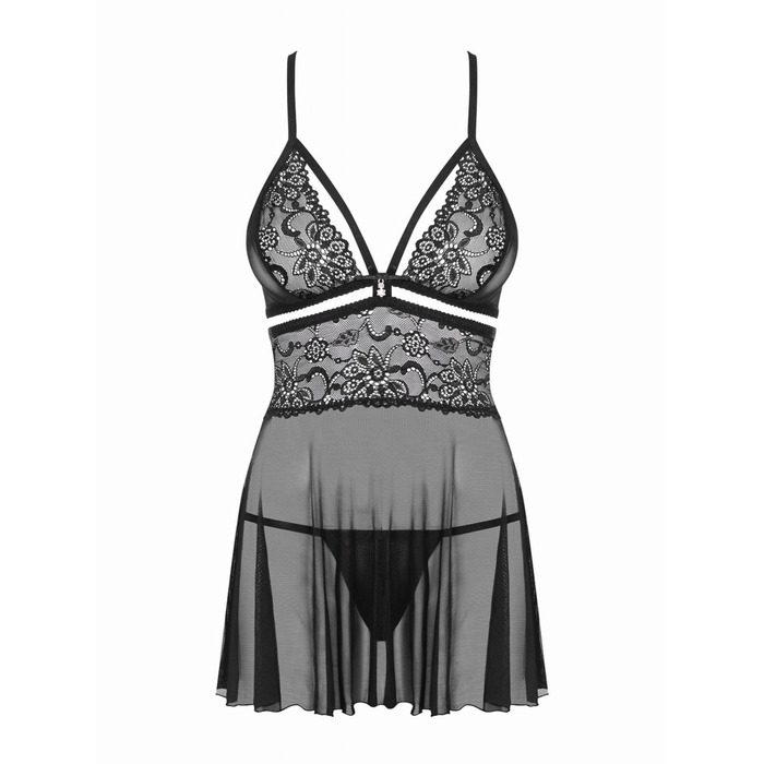 Пеньюар із напівпрозорої мереживної тканини Obsessive 838-BAB-1 в комплекті стрінги, чорний, L/XL