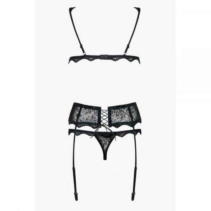 Комплект кружевной Obsessive Emperita, бюстье, трусики и пояс для чулок, черный, L/XL