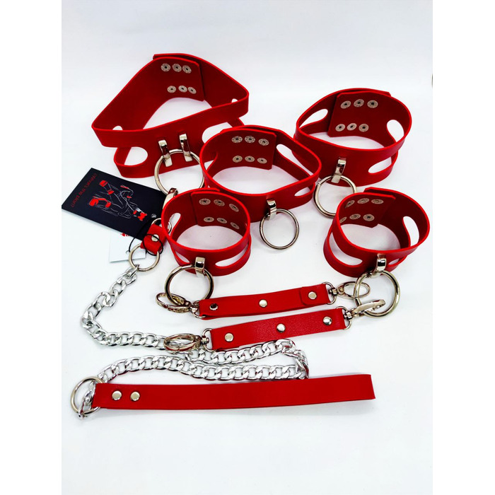 Ошейник с поводком и наручниками Candy Hero 'Fet 25' RED, экокожа, ручная работа