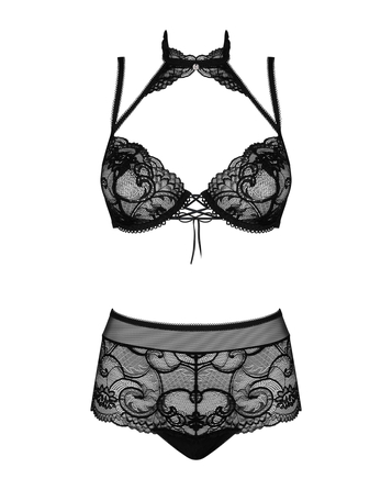 Комплект Obsessive Elizenes с шнуровкой на лифе и кружевным чокером, черный, S/M