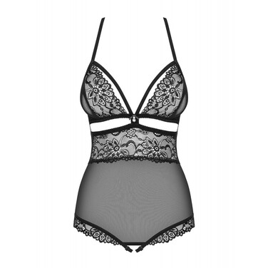 Боди из кружева с украшением в области бюста Obsessive 838-TED-1, черный, S/M