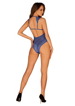 Сексуальное боди полупрозрачное кружевное Obsessive с косточками, синее, XS/S