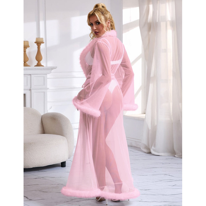 Халатик напівпрозорий Star Night з імітацією хутра та поясом, рожевий, M-L