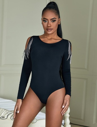 Черный боди с длинными рукавами Star Night и кисточками из цепочек, L