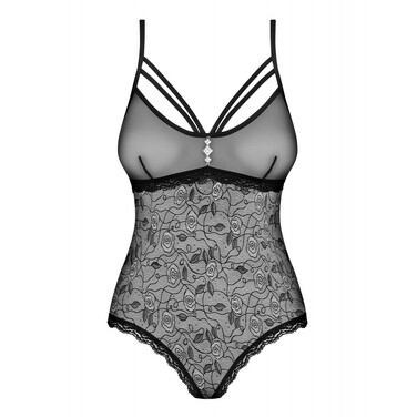 Боди Obsessive 818-TED-1 из полупрозрачной ткани с вышитыми розами и украшением между грудью, XS/S