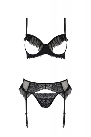 Полупрозрачный комплект белья Passion Kerria с кружевом и открытой грудью, черный, S/M