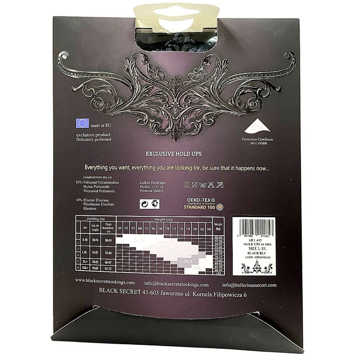 Прозорі чорні панчохи Ballerina's Secret з візерунком, мереживним верхом та заднім швом, S/M