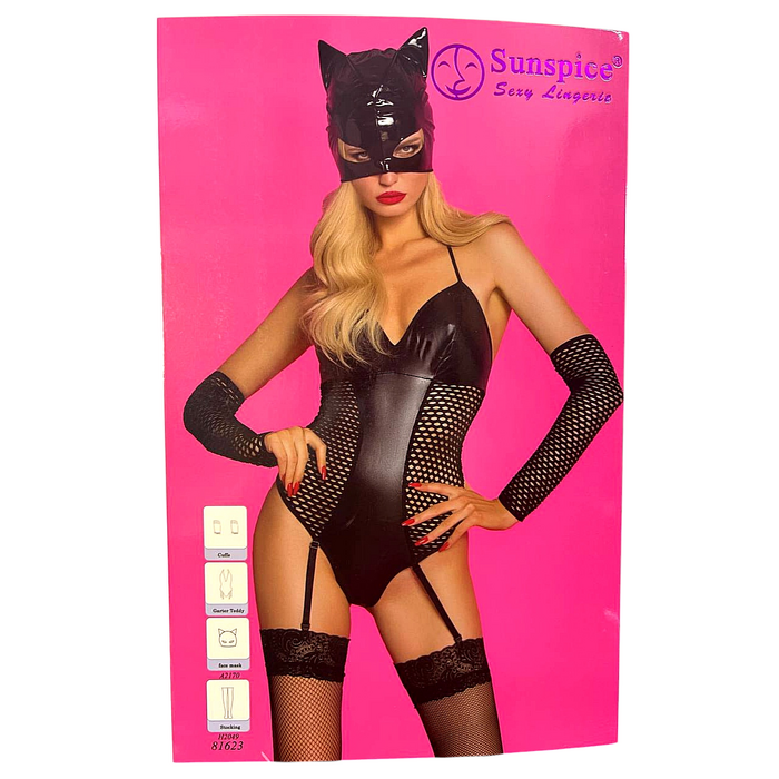 Костюм Кошечки Sunspice боди с подвязками, маска, рукава, чулки, черный, S/M