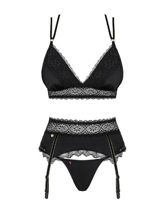 Сексуальний мереживний комплект Obsessive Lolitte з поясом для панчох на шнурівці, чорний, L/XL