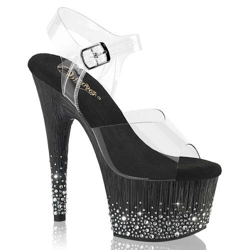 Босоніжки Adore-708SPKL-01 на підборах 18 см, платформа 7 см, з ремінцем на щиколотці та декором із розсипчастих стразів, колір: прозорий/чорний-сріблястий