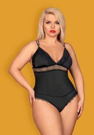 Эротическое боди из атласа с элементами кружева Obsessive Lolitte и открытой спиной, черный, XXL