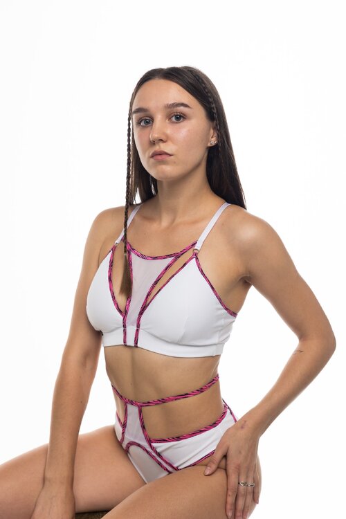 Combo Mesh – Шорти з сіткою та кольоровими стрічками для pole dance, heels і сценічних виступів - біло-рожевий