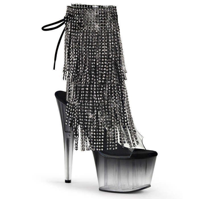 Чоботи Adore-1017RSFT на підборах 7 дюймів, 2 3/4 дюйма з відкритим носком/підбором, шнурівкою та бахромою, прозорі/чорні