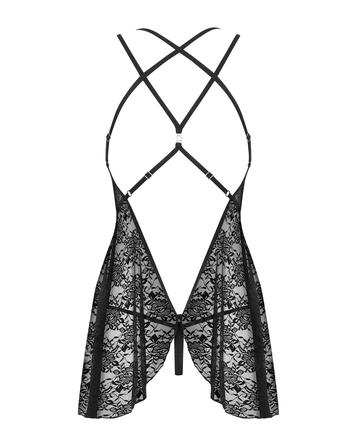 Комплект мереживний Obsessive 860-BAB-1 пеньюар та трусики стрінги, чорний, S/M