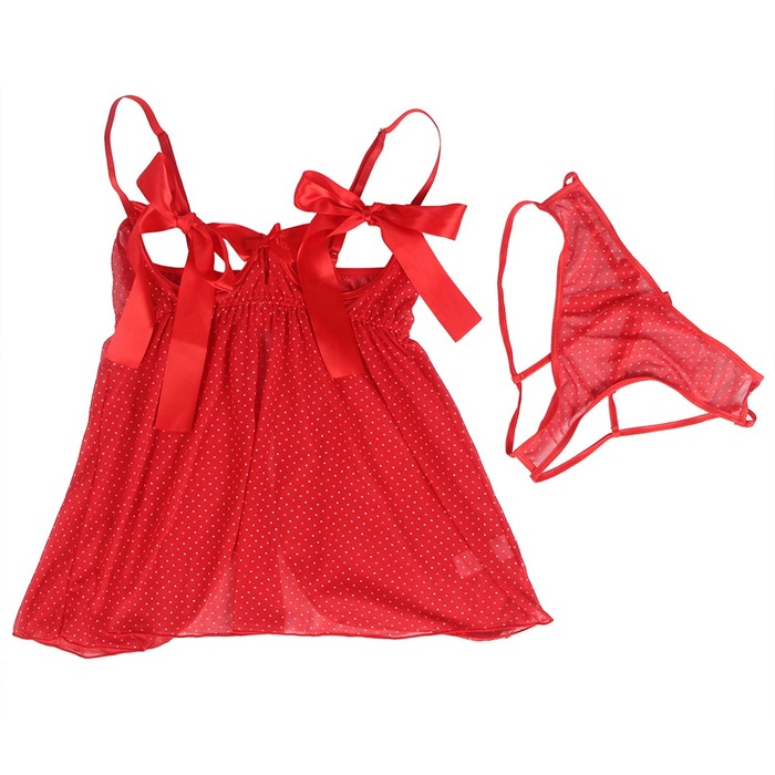 Пеньюар в горошек с бантами на груди Star Night и стринги в комплекте, красный, XS/S