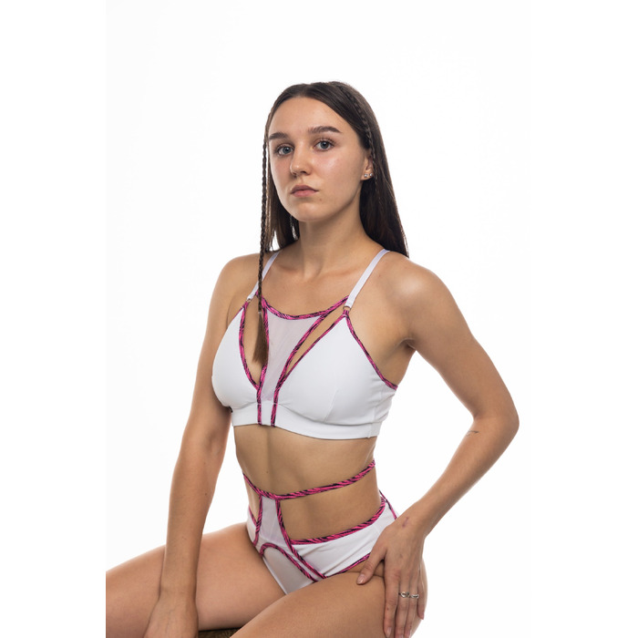 Combo Mesh – Шорти з сіткою та кольоровими стрічками для pole dance, heels і сценічних виступів - біло-рожевий