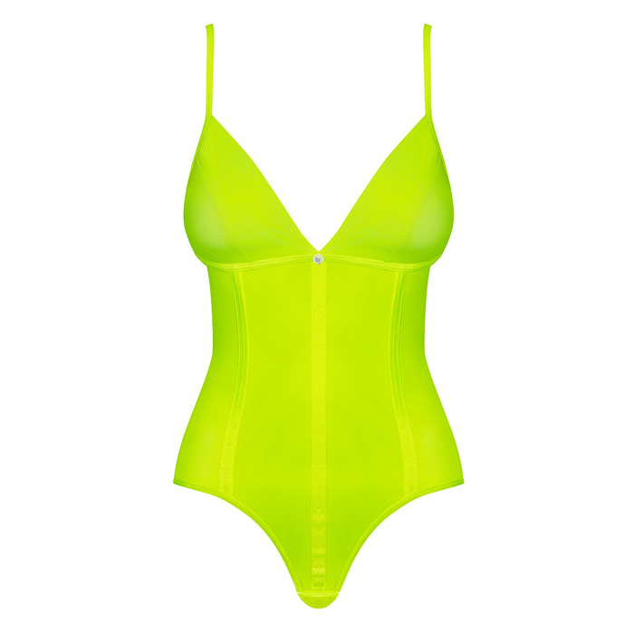 Неоново-желтый боди Obsessive Neonia со змейкой на спине, S/M