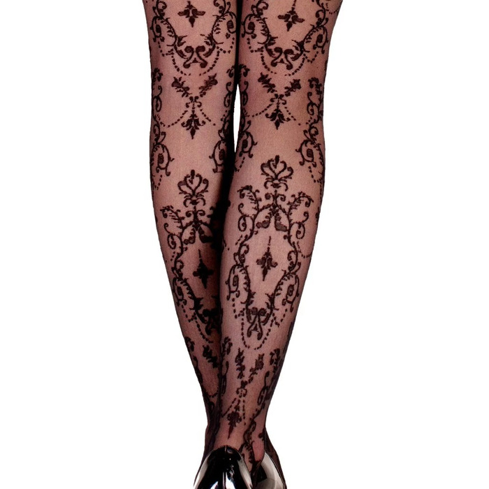 Панчохи на силіконовій стрічці чорні Ballerina's Secret BS113 з візерунком бароко, по всій довжині, L/XL