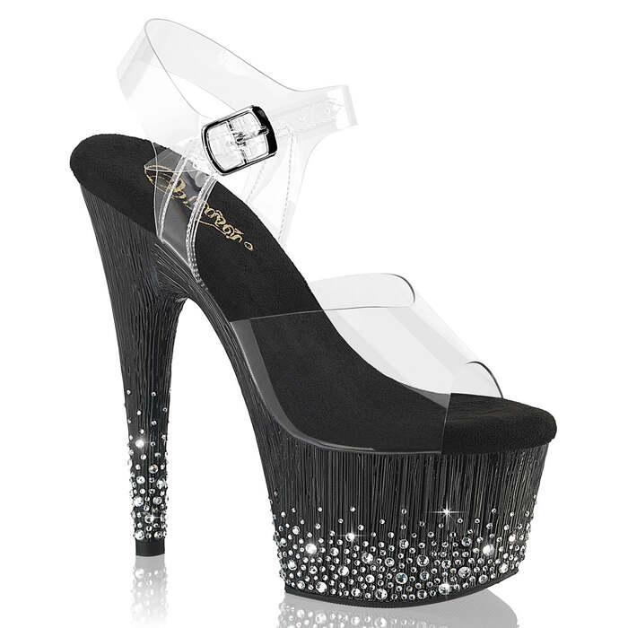 Босоніжки Adore-708SPKL-01 на підборах 18 см, платформа 7 см, з ремінцем на щиколотці та декором із розсипчастих стразів, колір: прозорий/чорний-сріблястий