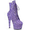Чоботи Pleaser Adore-1020GWR *7-дюймовий каблук, 2 3/4-дюймові черевики до щиколотки зі шнурівкою та блискітками, збоку блискавка, бузковий блиск