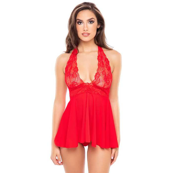 ПЕНЮАР 2PC LACE & MESH HALTER BABYDOLL & G-STRING SET RED, S