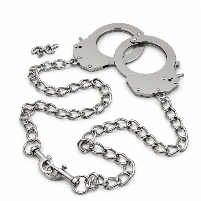 Наручники металеві DS Fetish з подовженим ланцюгом на карабінах, срібні